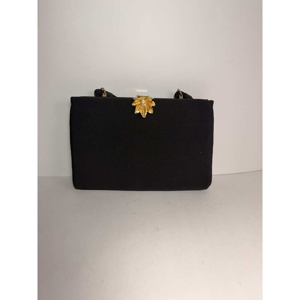 Vintage 1950s Ingber Black Satin Evening Handbag with Gold Leaf Clasp